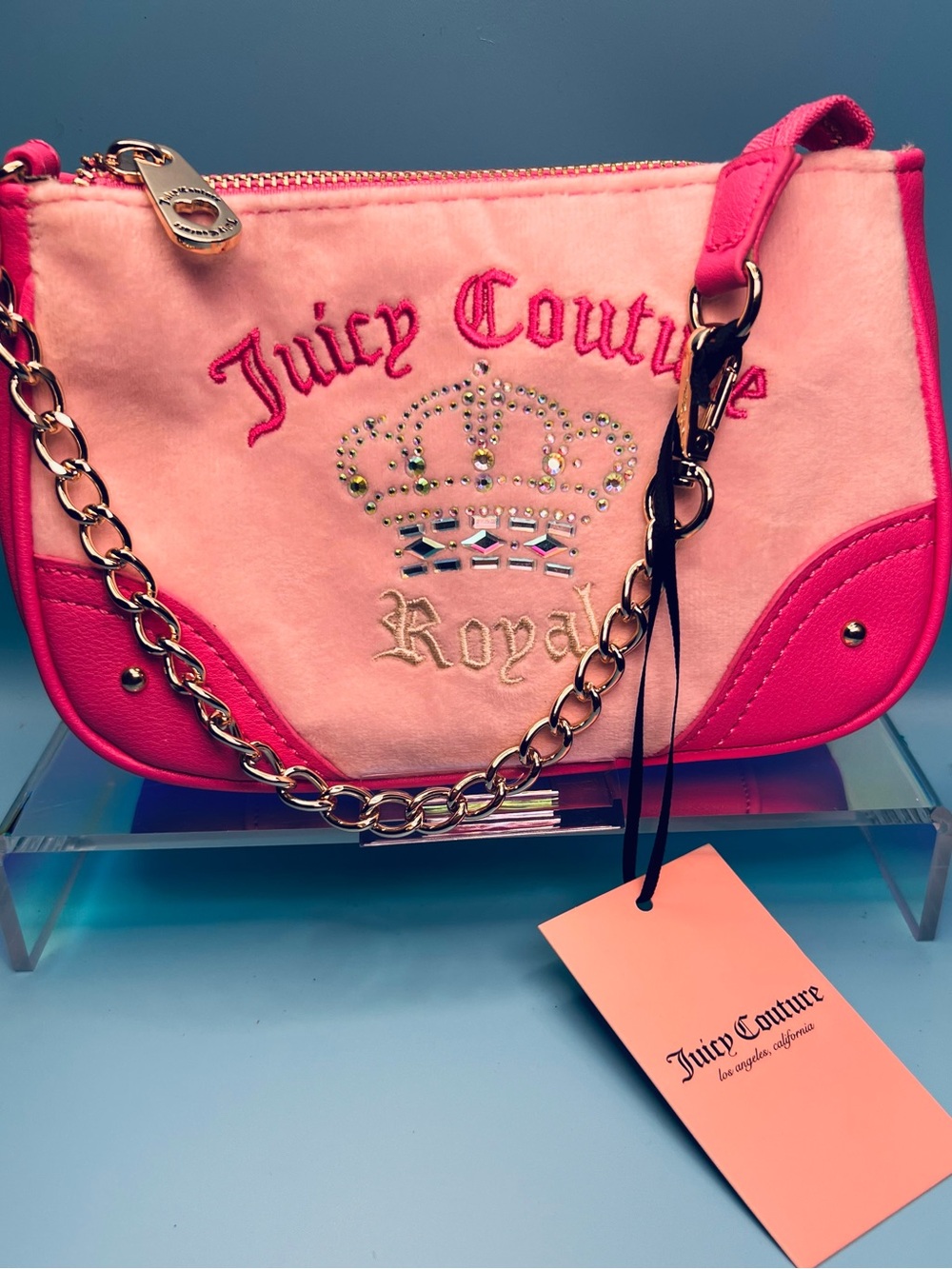 NWT Juicy Couture Pink "Juicy Kingdom" Velour Royal Mini Bag Wristlet Y2K Style